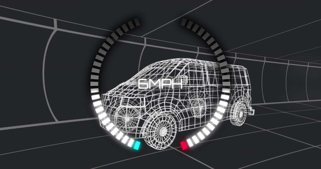 3D Wireframe SUV with Digital Speedometer Overlay in Tunnel
