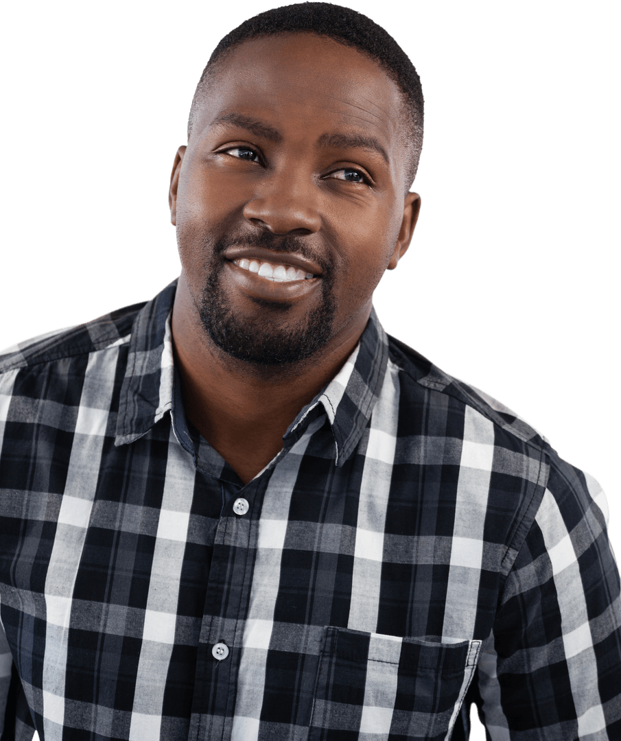 Smiling Man in Checkered Shirt Isolated on Transparent Background