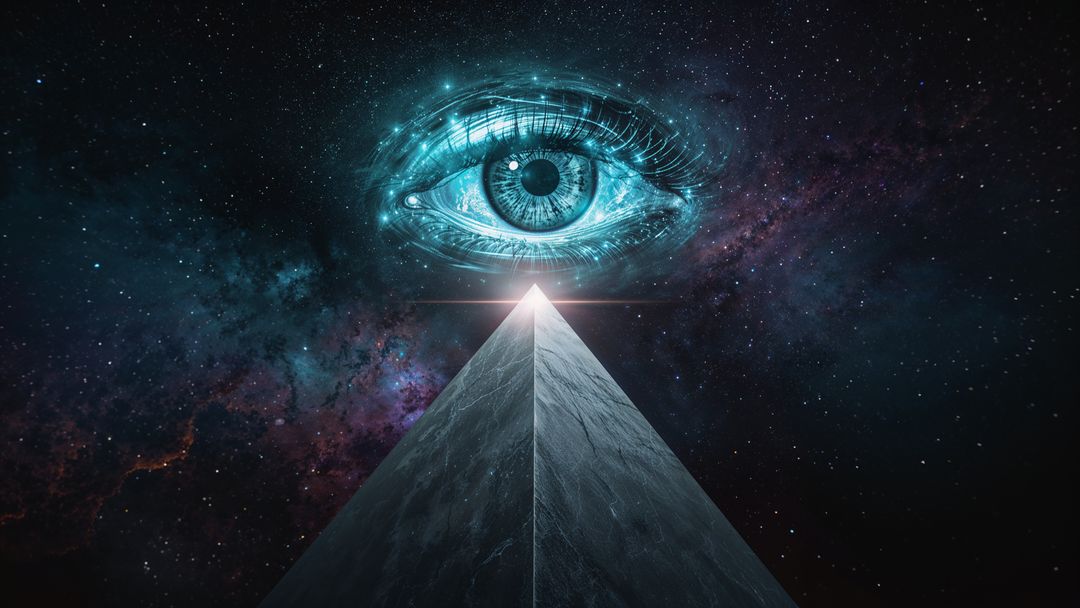 Masonic surreal pyramid with digital eye in celestial nebula