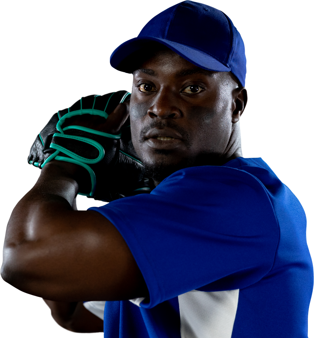 Front view close up African American baseball pitcher wearing team uniform and mitt - Download Free Stock Images Pikwizard.com