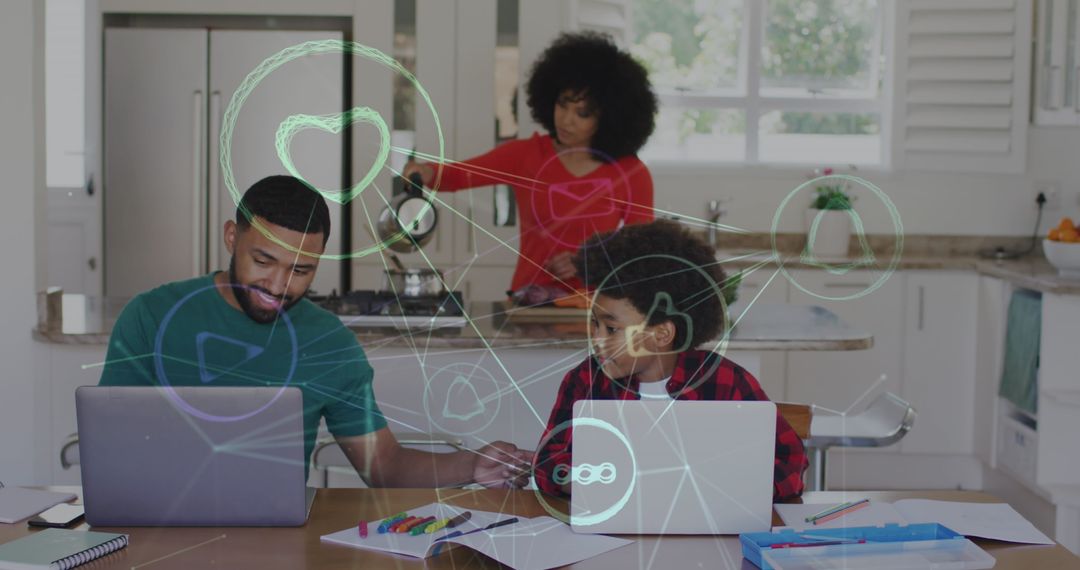 Father and Son Using Laptops with Digital Connection Overlay