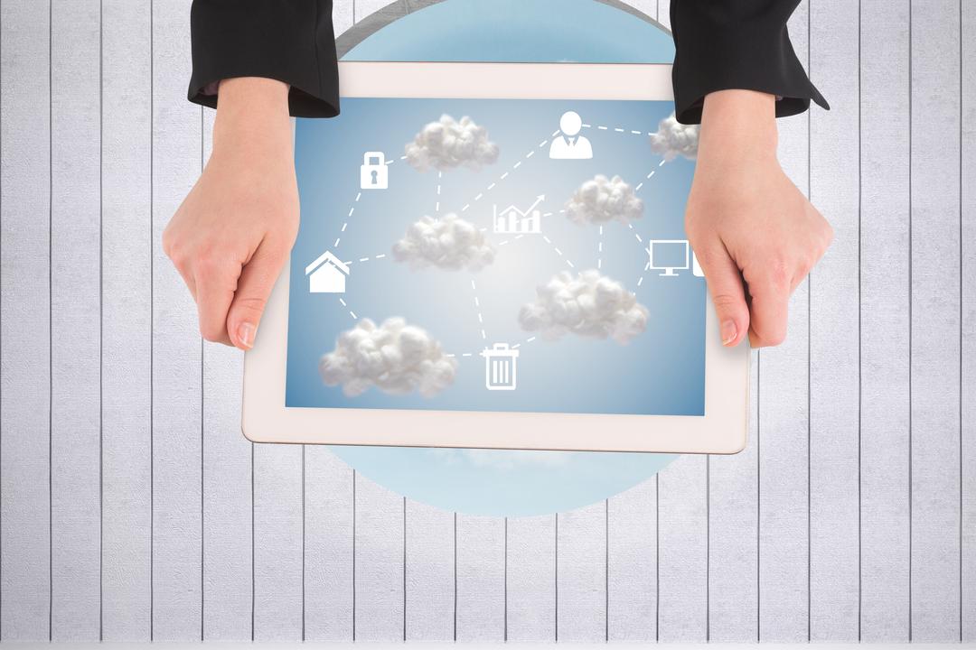 Hands Holding Tablet Displaying Cloud Computing Infographic Against Grey Background - Free Images, Stock Photos and Pictures on Pikwizard.com