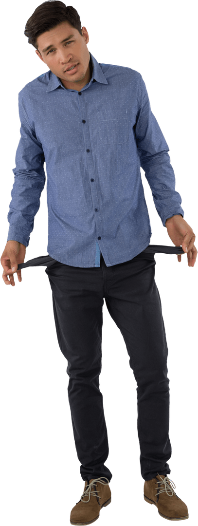 Businessman Showing Empty Pockets in Transparent Background