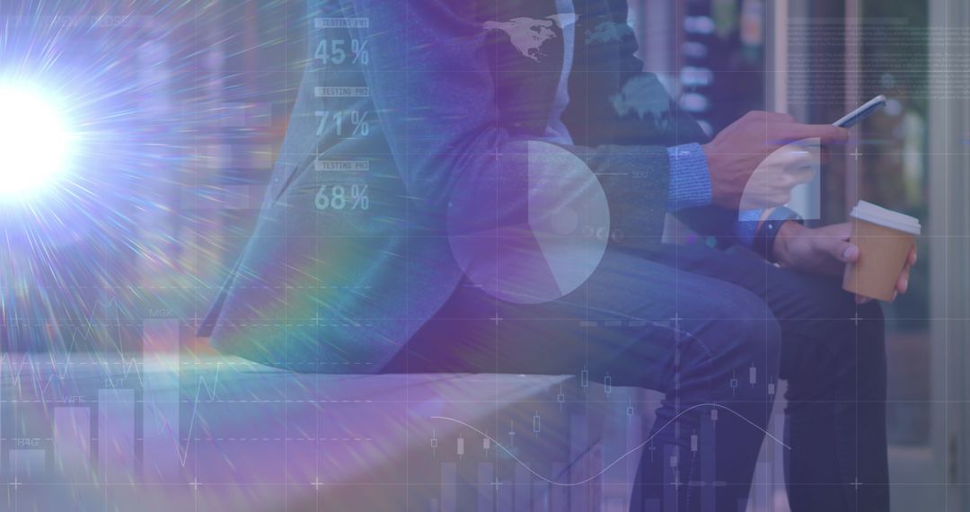 Businessman Using Smartphone Amidst Digital Finance Display