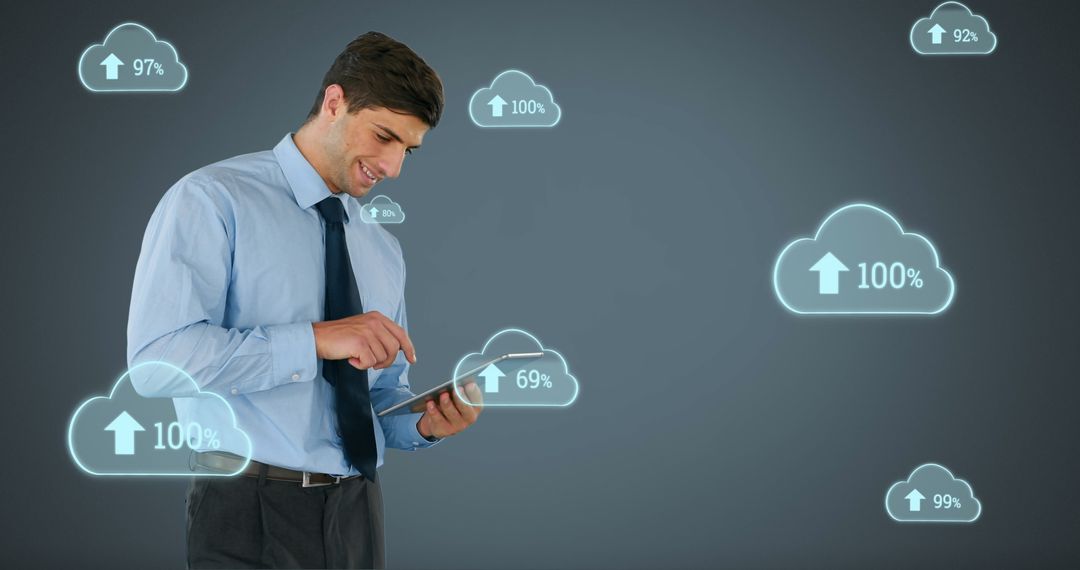 Businessman Analyzing Data on Tablet with Cloud Computing Elements