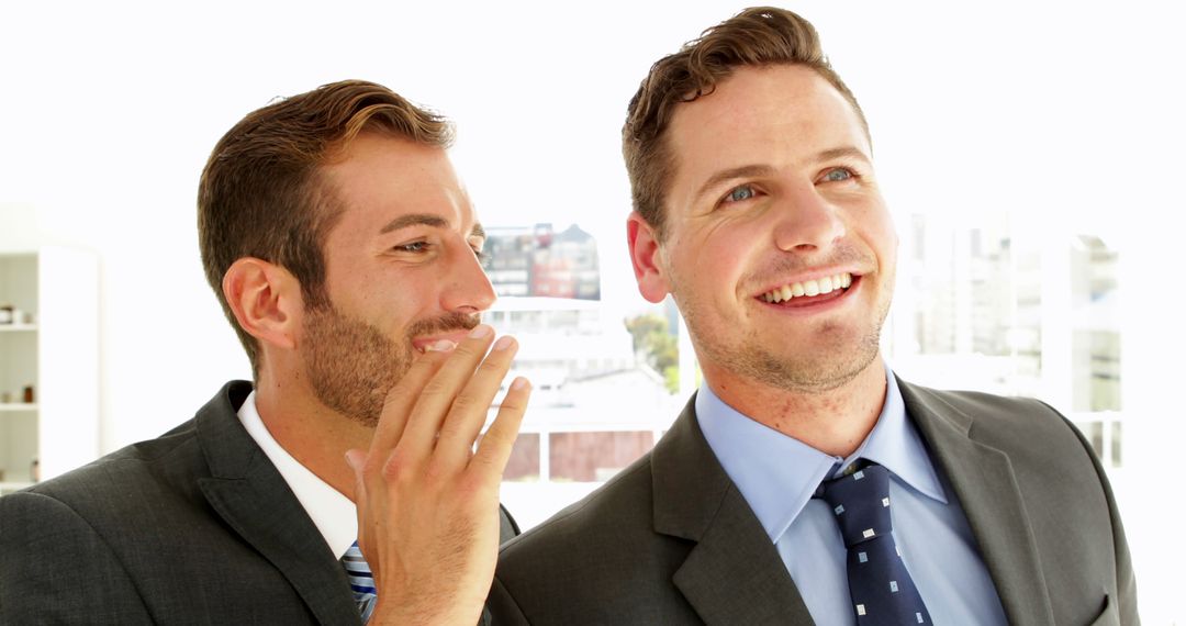 Smiling Businessmen Chatting in Modern Office Environment