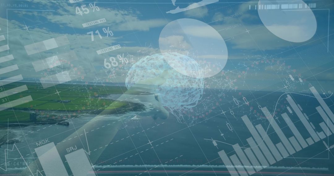 Innovative Technology Visualization Shows Floating Brain Over Coastal Runway