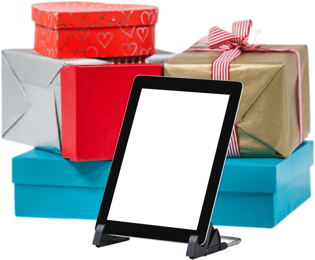 Tablet with Blank Screen and Christmas Gifts on Transparent Background