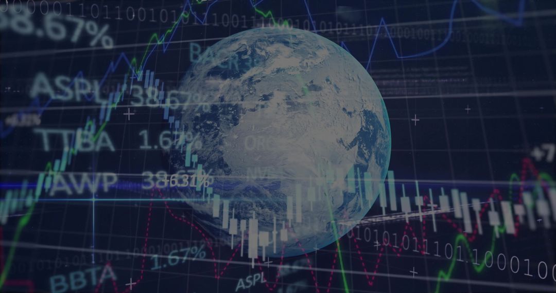Displaying Earth Globe Over Global Market Data with Candlestick Charts and Binary Code