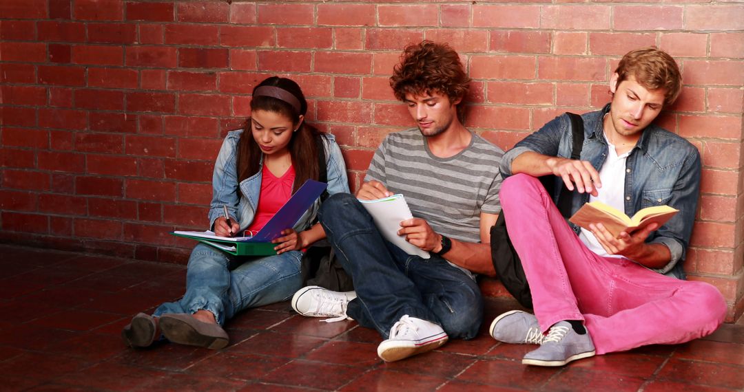 Group of Diverse Students Studying Together by Brick Wall - Free Images, Stock Photos and Pictures on Pikwizard.com