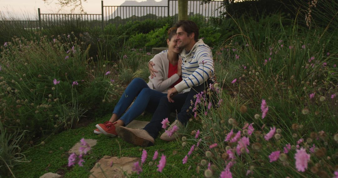 Romantic Couple Embracing in Twilight Garden Scene