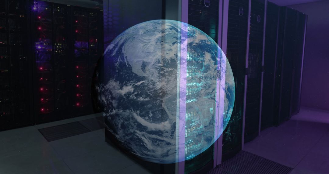 Global Networking Concept with Server Room and Earth Overlay