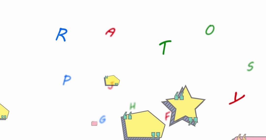 Colorful letters and shapes on white background