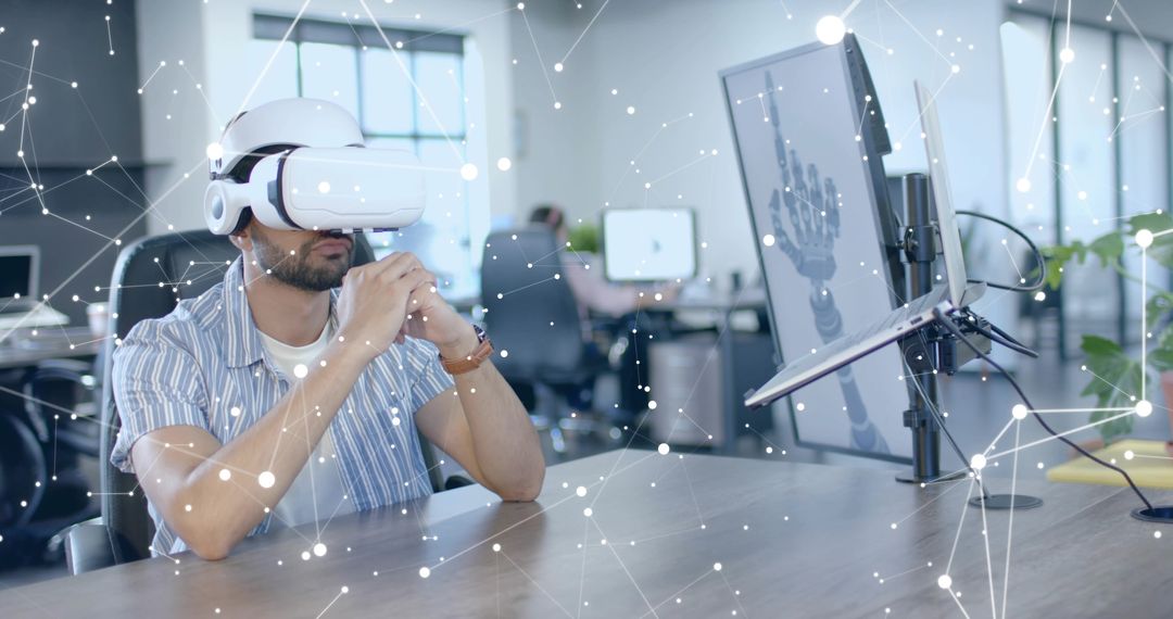 Man Using VR Headset to Interact with 3D Model in Modern Office