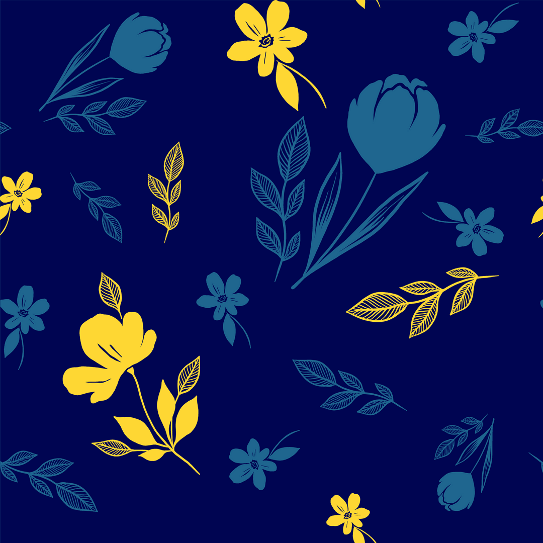Floral Pattern in Yellow and Blue on Transparent Background