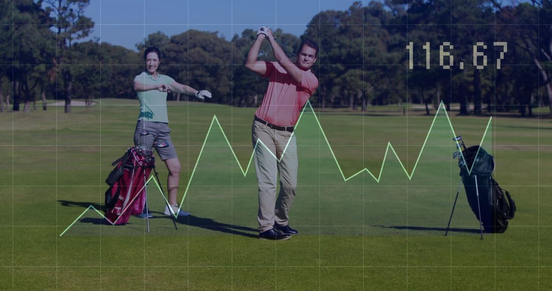 Golfers Practicing with Line Graph Overlay on Green Golf Course