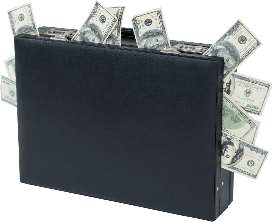 Black Briefcase Overflowing with Hundred Dollar Bills, Transparent Background