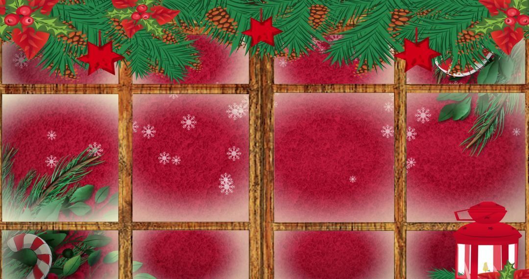 Christmas Window Design with Holiday Elements and Red Lantern