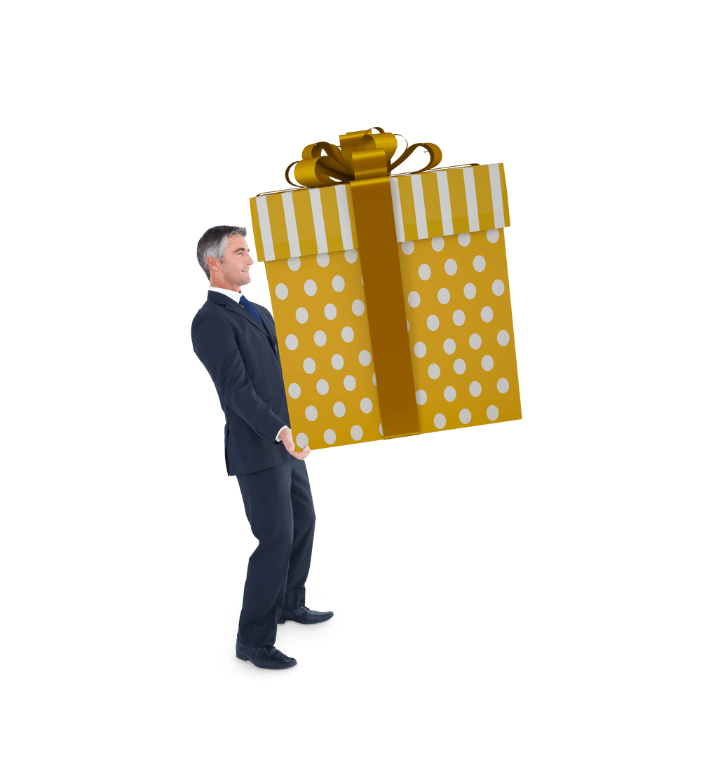 Stylish Man Carrying Giant Golden Gift on Transparent Background