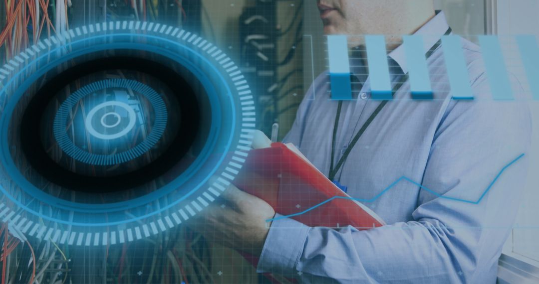 Engineer Managing Data in High-Tech Server Room Environment