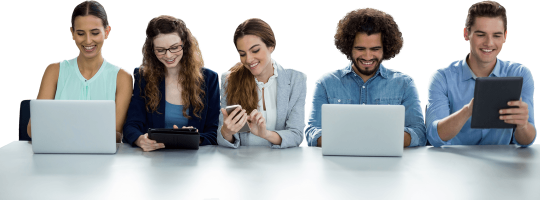 Diverse Colleagues Engaging with Transparent Digital Devices Collaboratively