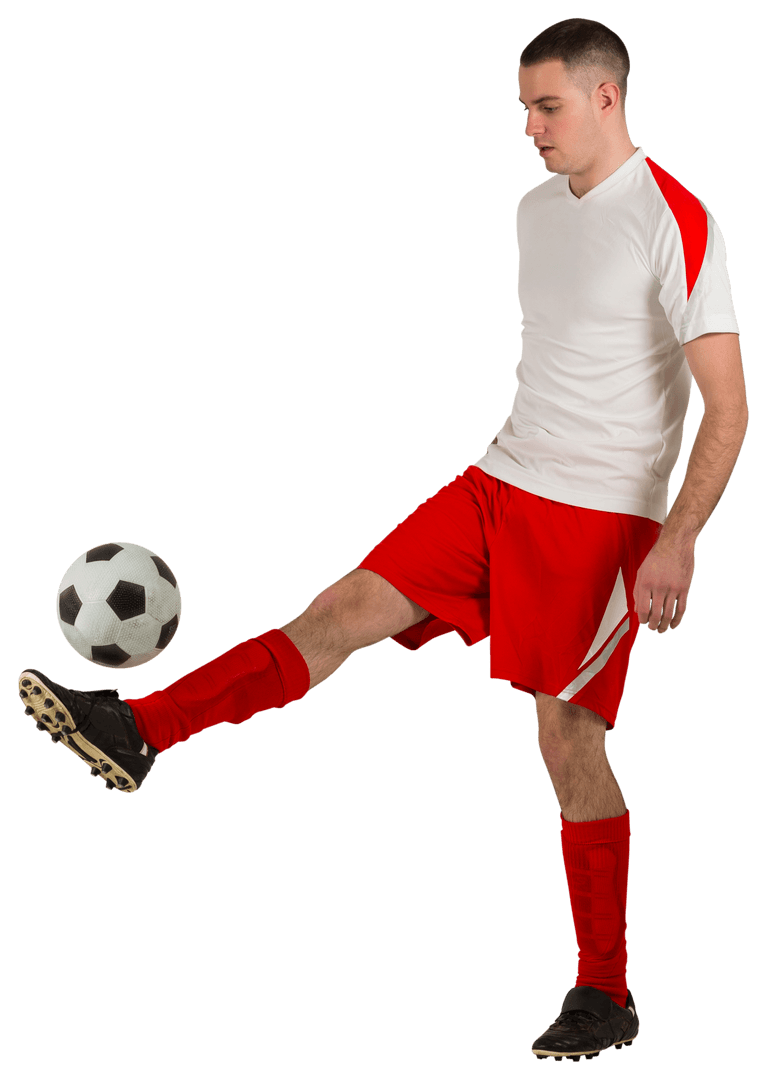 Transparent Football Player Balancing Soccer Ball Mid-Kick in Red Kit