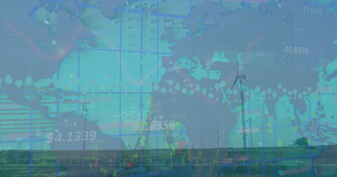 Global Business Interface with Wind Turbines and Data Overlay