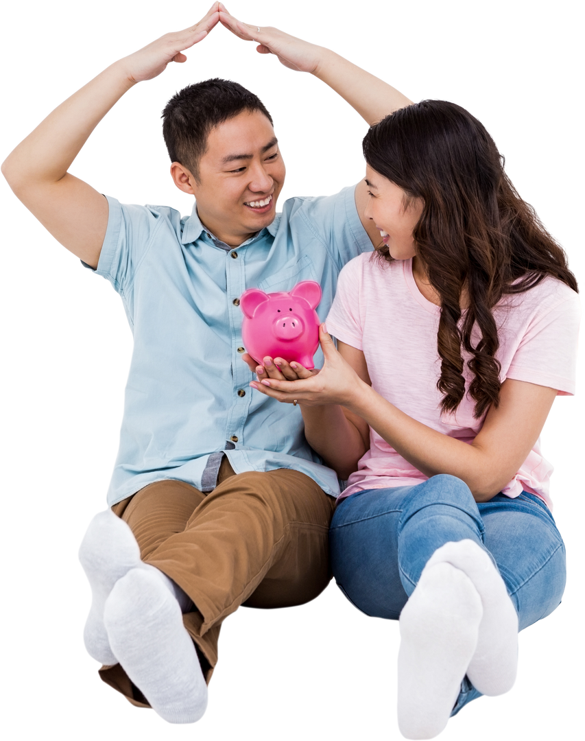 Transparent Image Young Couple Sitting Holding Piggy Bank Smiling - Download Free Stock Images Pikwizard.com