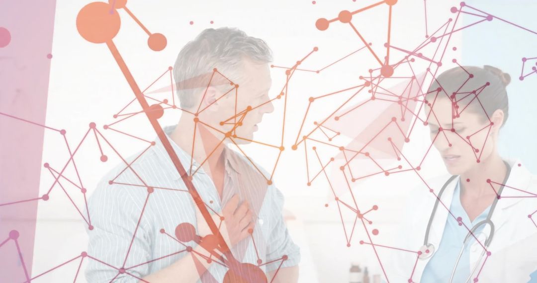 Man Clutching Chest During Doctor Consultation with Digital Cardiac Network Overlay