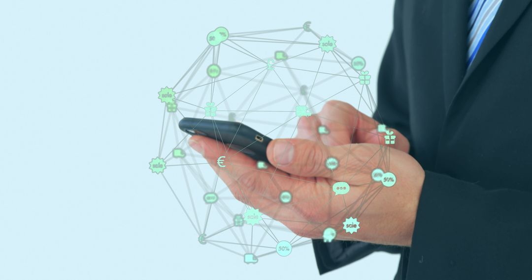 Businessman Utilizing Smartphone for Digital Data Interaction