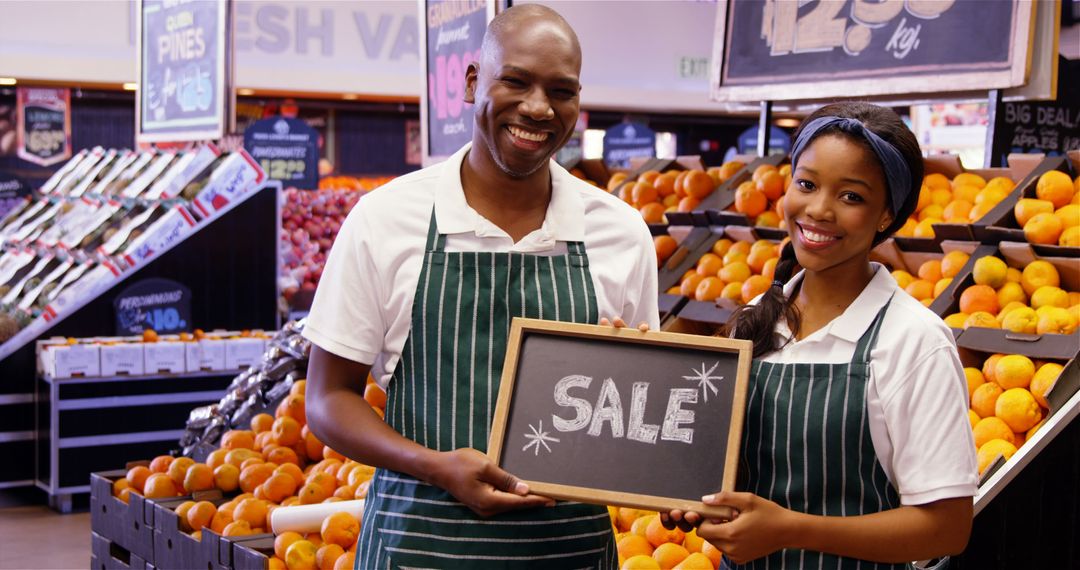 Smiling Grocery Store Workers Holding Sale Sign in Produce Aisle - Free Images, Stock Photos and Pictures on Pikwizard.com