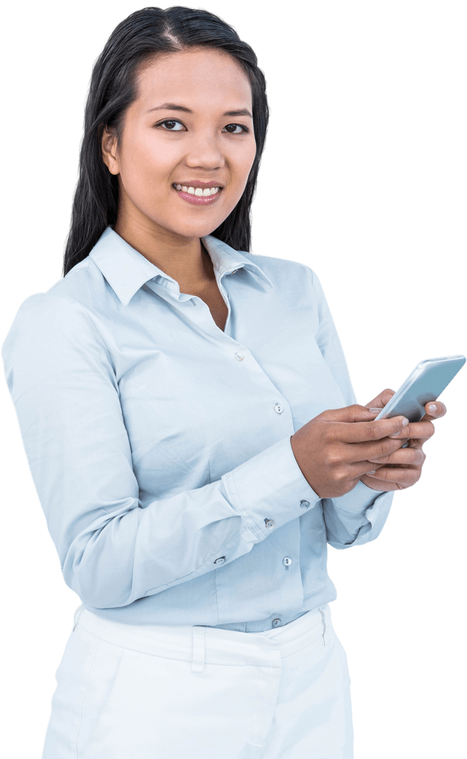 Transparent Smiling Businesswoman Engaging with smartphone technology