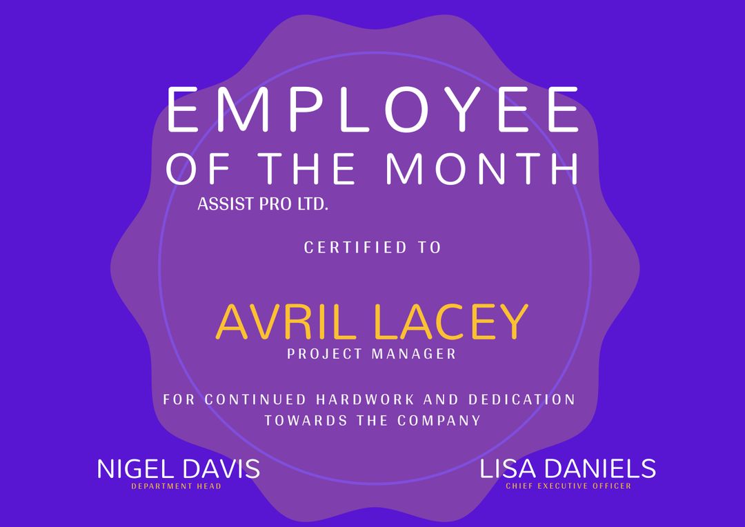 Employee of the Month Certificate on Stylish Purple Seal Background - Download Free Stock Templates Pikwizard.com