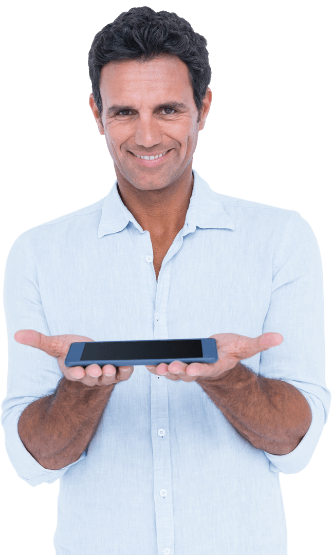 Smiling Man Presenting Tablet Transparent Background