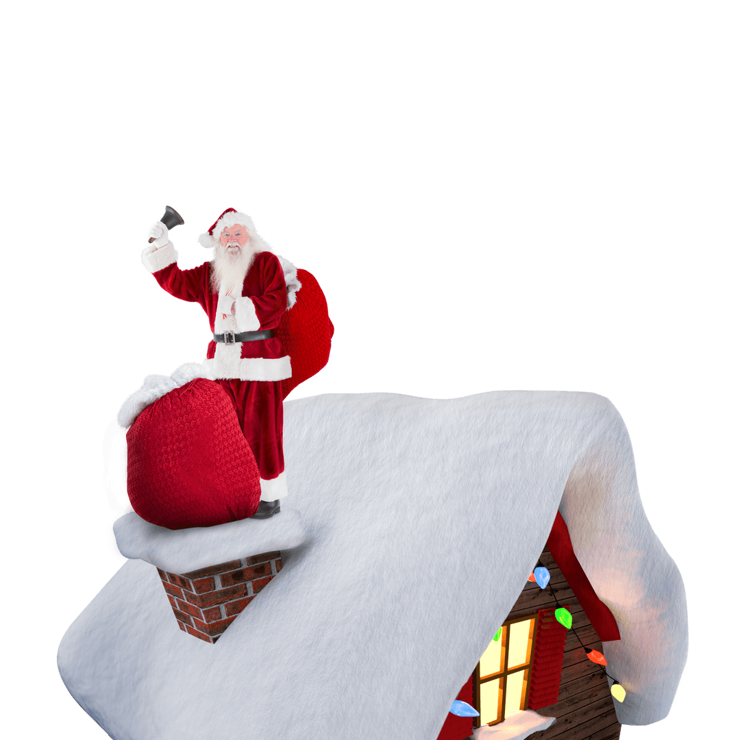 Santa Claus on Snowy Roof with Bag PNG Transparent Background