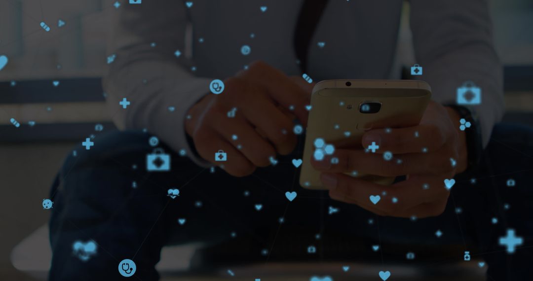 Man Engaged with Smartphone Amidst Social Media Icons Focusing