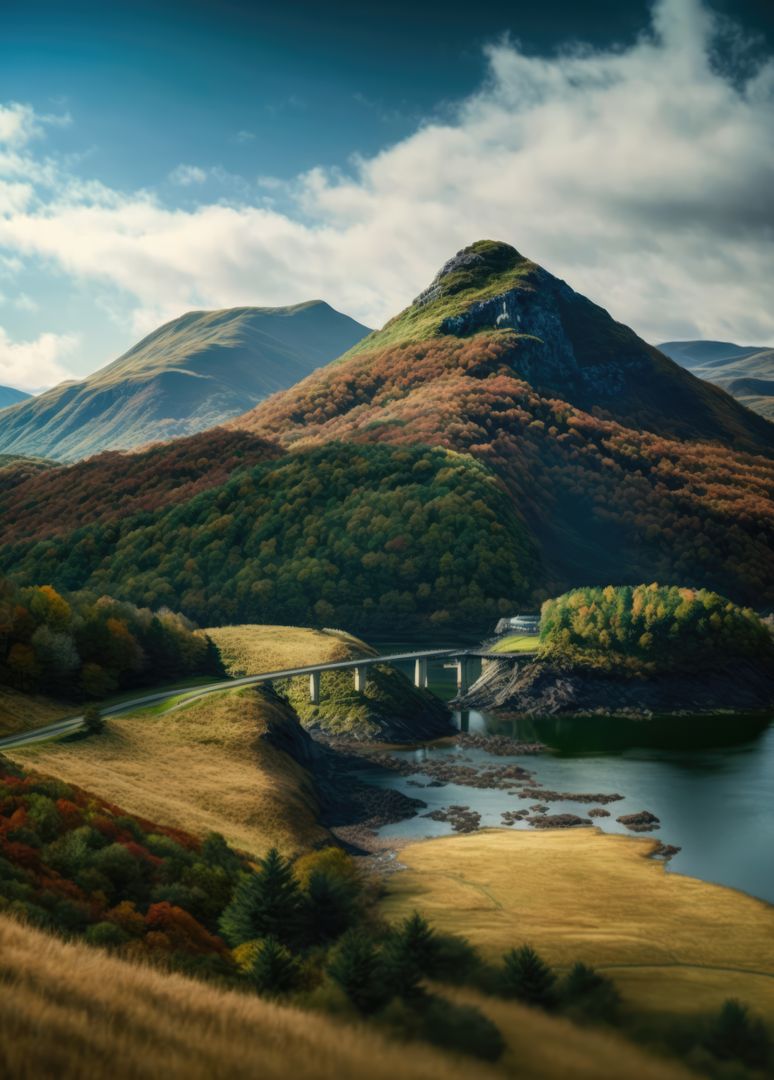 Scenic Autumn Bridge Over Lake in Mountainous Landscape - Free Images, Stock Photos and Pictures on Pikwizard.com