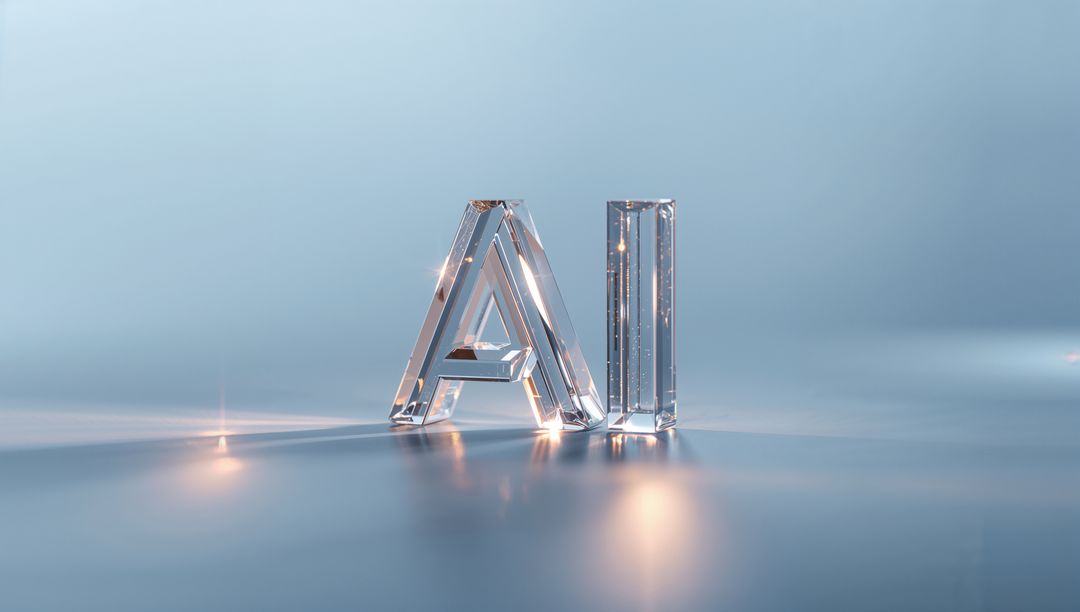 Crystal Glass AI Letters Reflecting on Glossy Minimalist Blue Surface with Light Flares