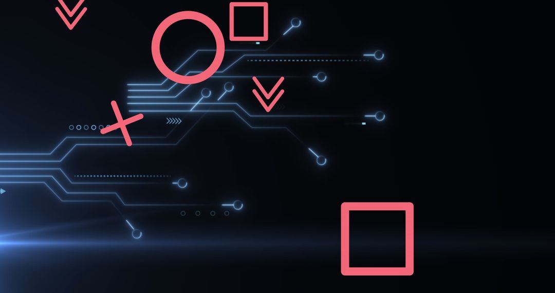 Digital Circuit Board with Red Geometric Shapes on Black Background