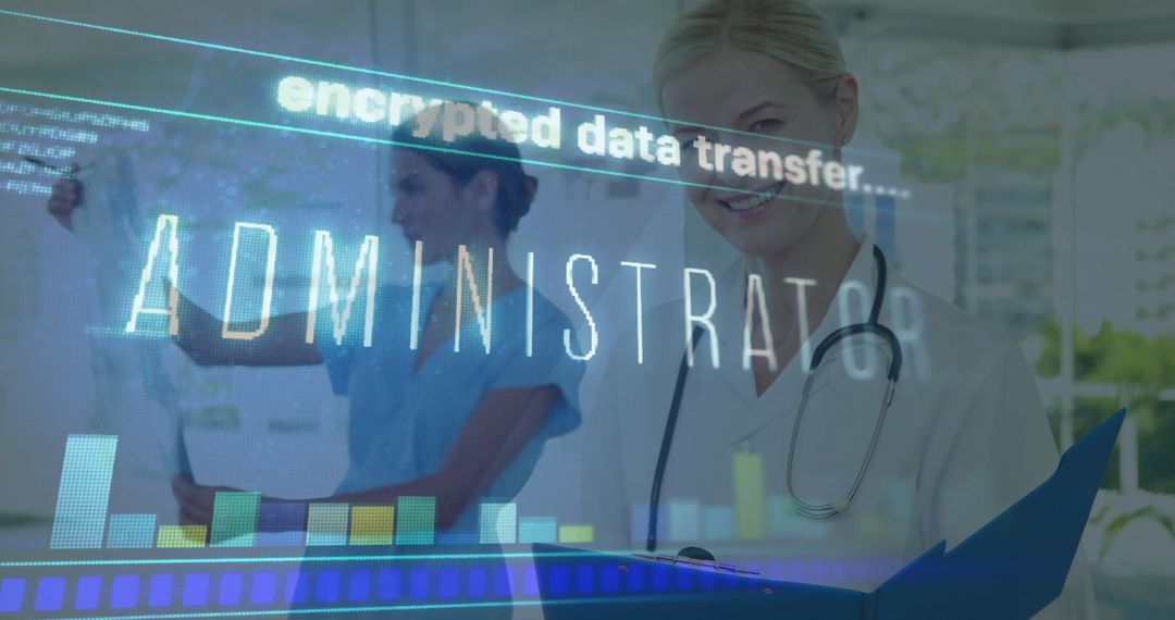 Medical Professionals Analyzing Data with Digital Overlay in Clinic