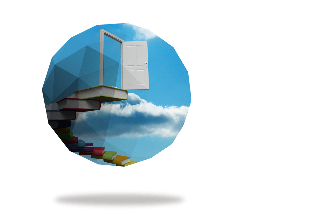 Transparent Door Floating Along Spiral Books Toward Sky