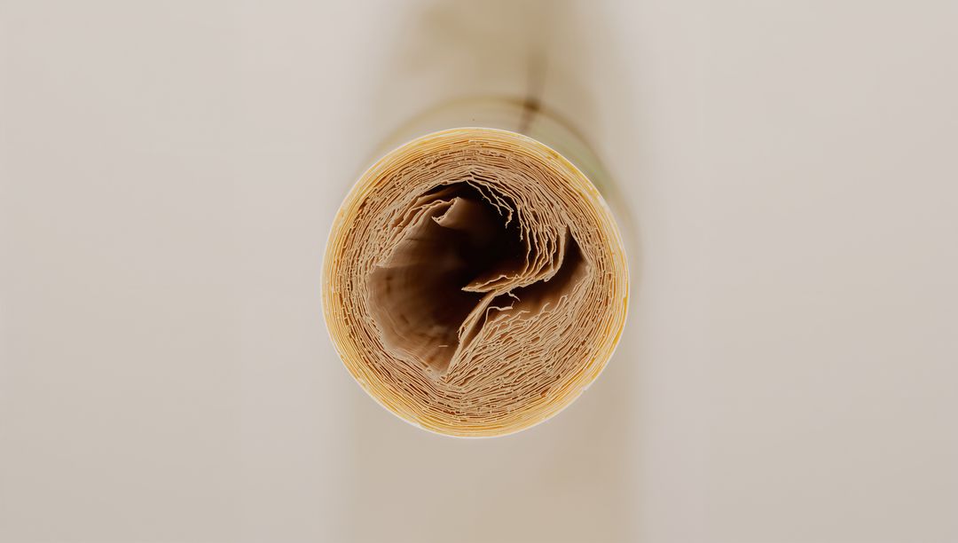 Rolled parchment cylinder revealing concentric layers and frayed inner edges