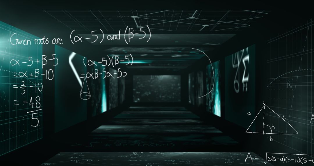 Digitally Rendered Futuristic Tunnel with Floating Mathematical Equations