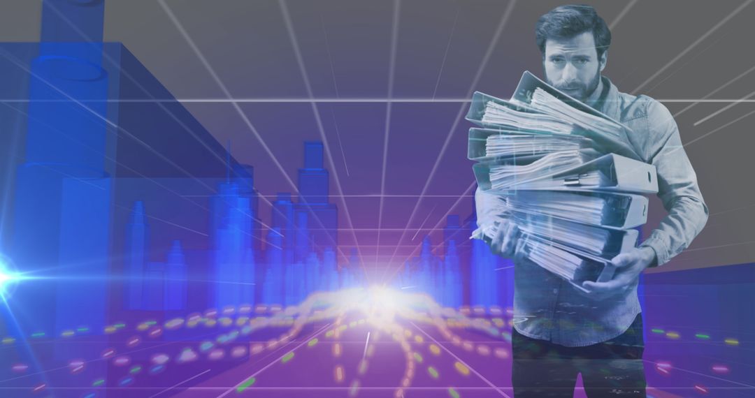 Man Carrying Files with Digital Cityscape Interface