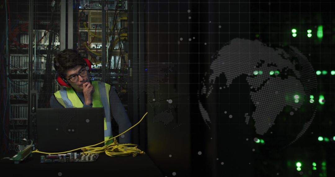 Asian Male Technician Analyzing Data in Server Room