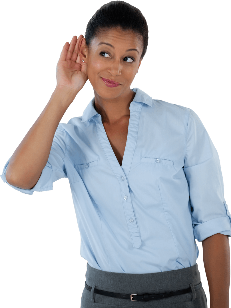 Transparent businesswoman smiling and listening secretly