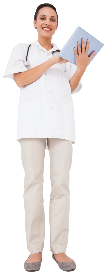 Transparent Nurse Using Tablet with Joyful Expression