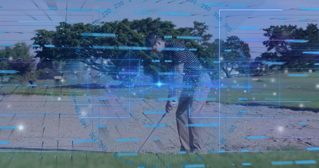 Golfer in Sand Bunker Analyzing Shot with Futuristic HUD Overlay