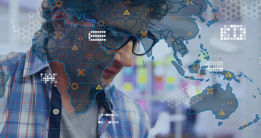 Mature man analyzing global data visualization with futuristic map overlay and analytics