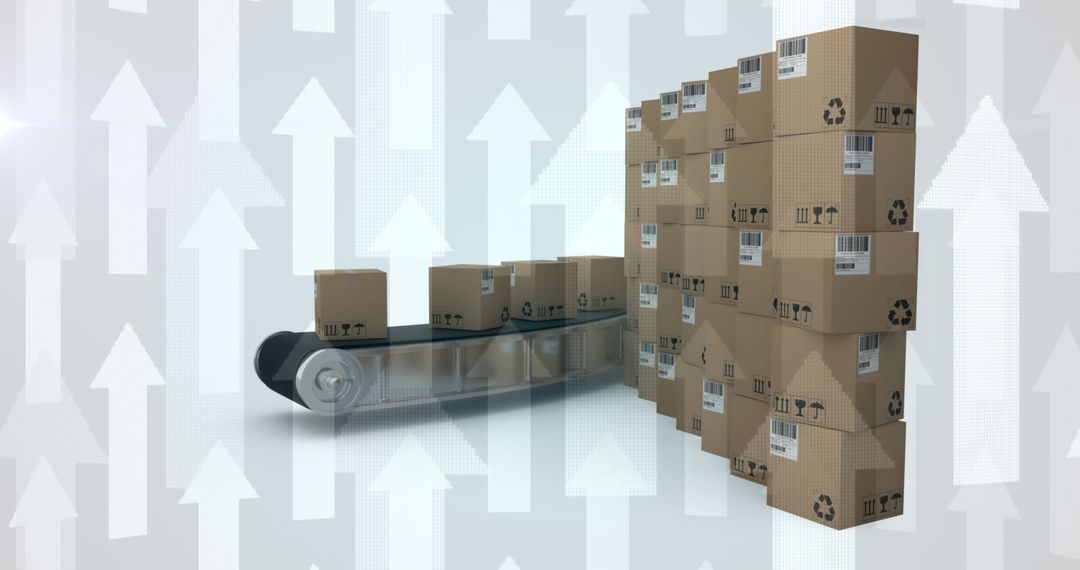 Cardboard Boxes on Conveyor Belt with Growth Arrows